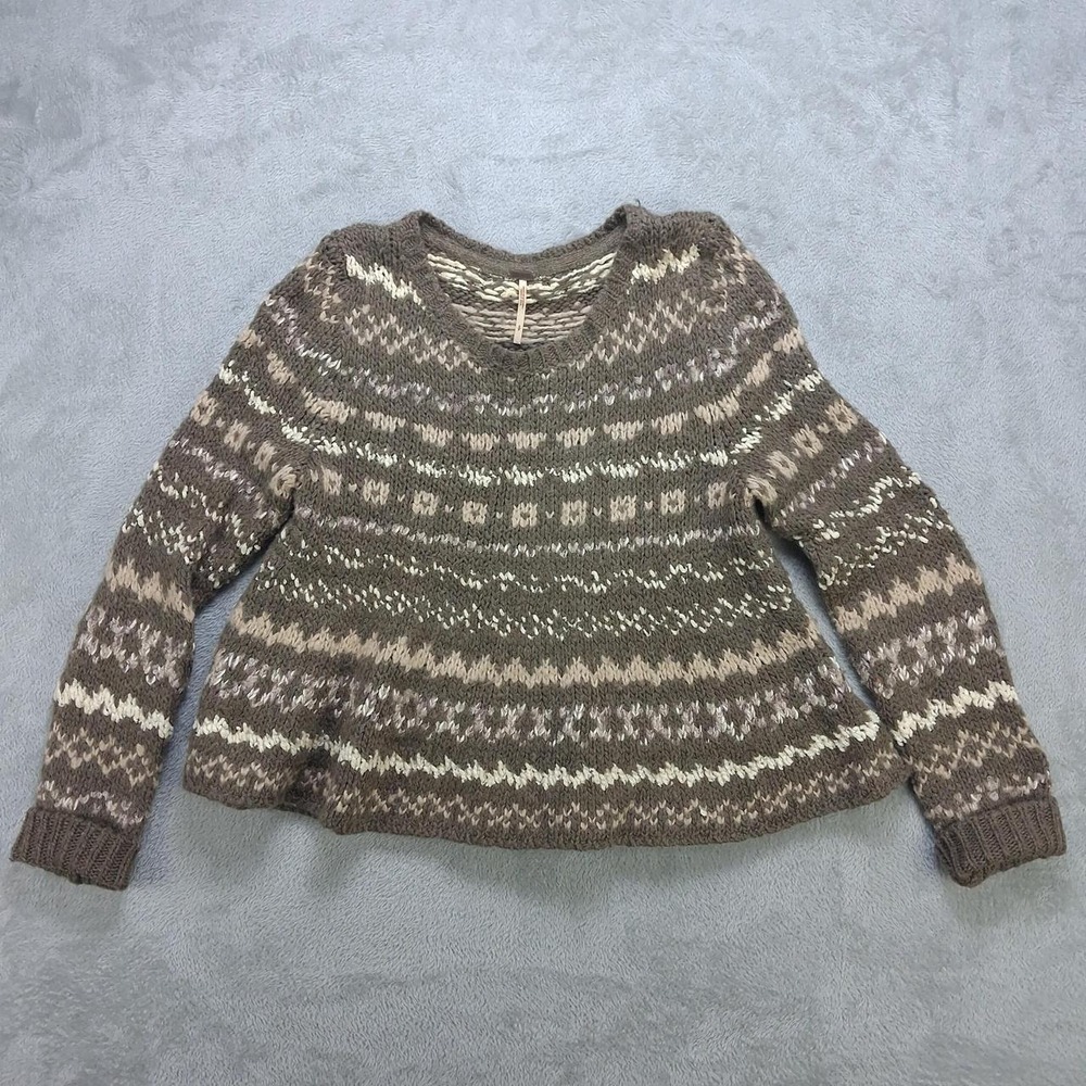 Free People Womens Small Brown Fair Isle Chunky Knit Sweater Boho Cottagecore